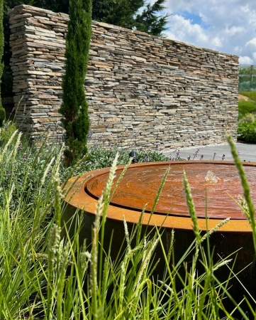 Golden yellow quartz paddlestones in Moroccan garden